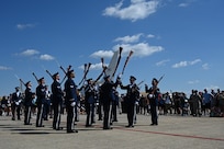 The U.S. Air Force Honor Guard Drill Team performs during the 2025 Joint Base Andrews Air Show at Joint Base Andrews, Maryland, Sept. 13, 2025. Their mission is to deliver premier ceremonial honors, inspire the nation and represent all Airmen and Guardians to the world. (U.S. Air National Guard photo by Tech. Sgt. Missy Sterling)