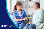 Unlock Your Health graphic, DHA logo, elderly woman and medical care worker sit together on a couch