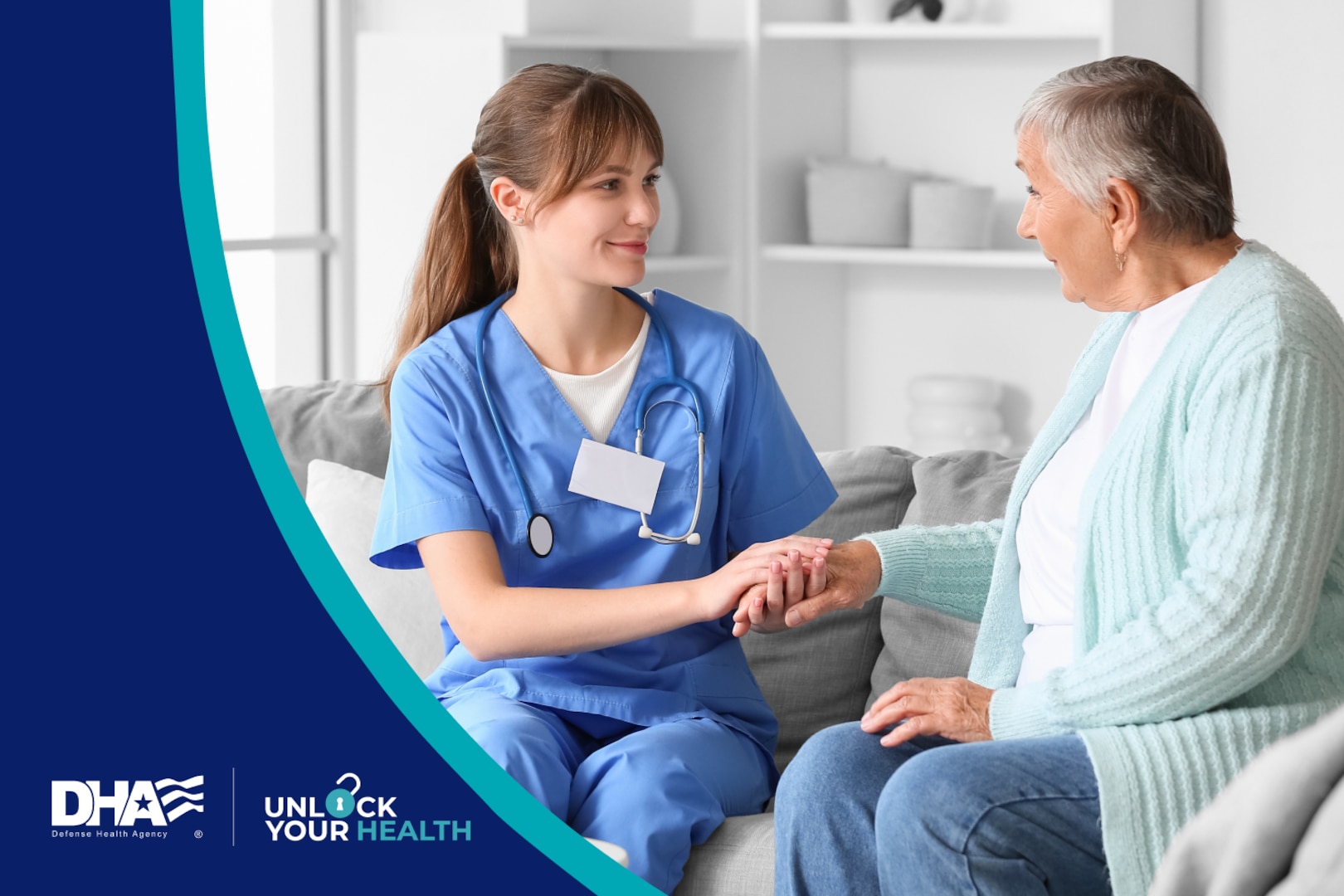 Unlock Your Health graphic, DHA logo, elderly woman and medical care worker sit together on a couch