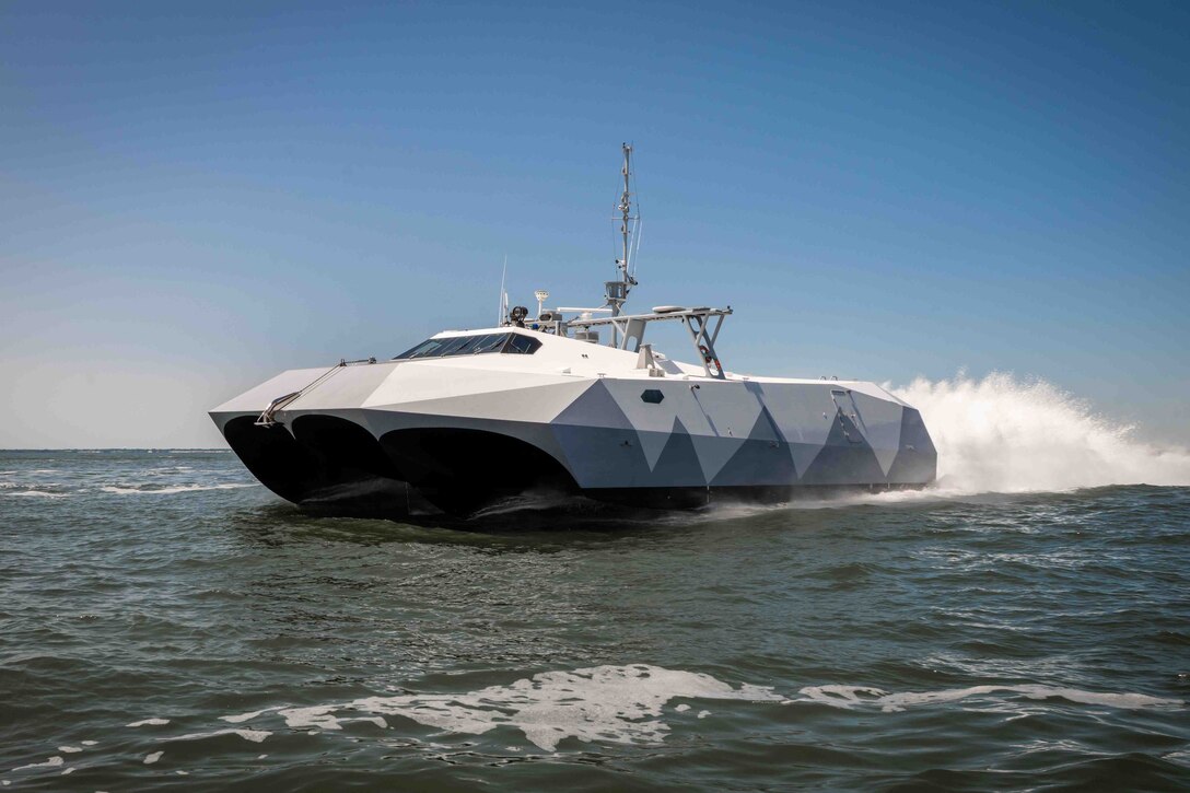 Stiletto underway for an autonomous boat launch and recovery demonstration in Norfolk, Virginia, on June 2, 2025.