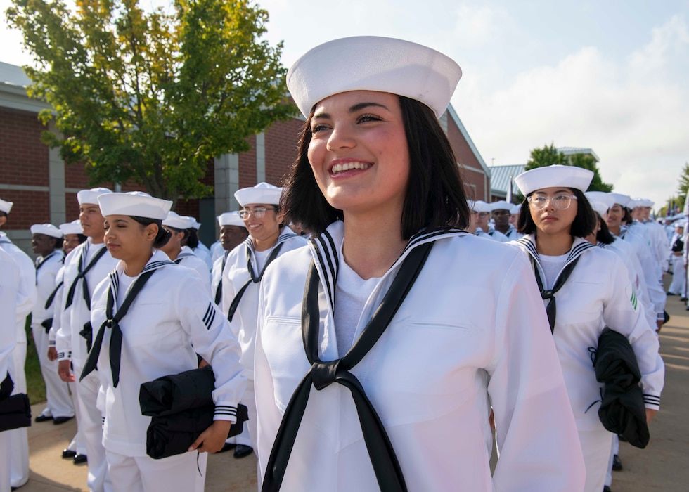 More than 40,000 recruits annually begin their U.S. Navy careers at Recruit Training Command, Great Lakes. On Sept. 11, 2025, recruits stood in formation before pass-in-review during the Navy’s approximately nine-week boot camp.