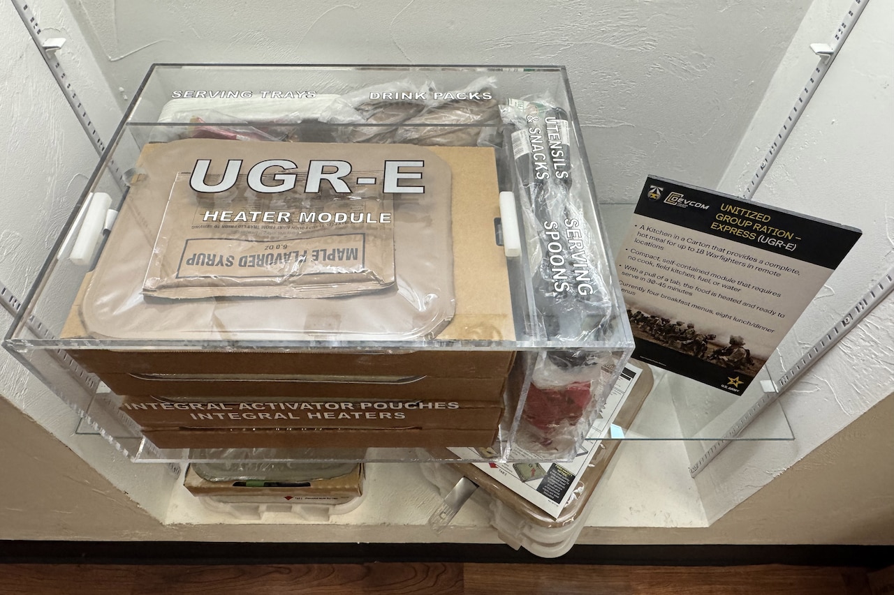 A large package of food sits in a display case.
