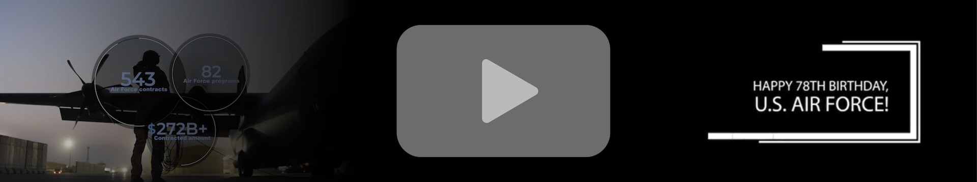 Graphic with a "play" button, indicating it will open a video with a photo of an aircraft on the left side and text that reads "Happy birthday U.S. Air Force" on the right side.