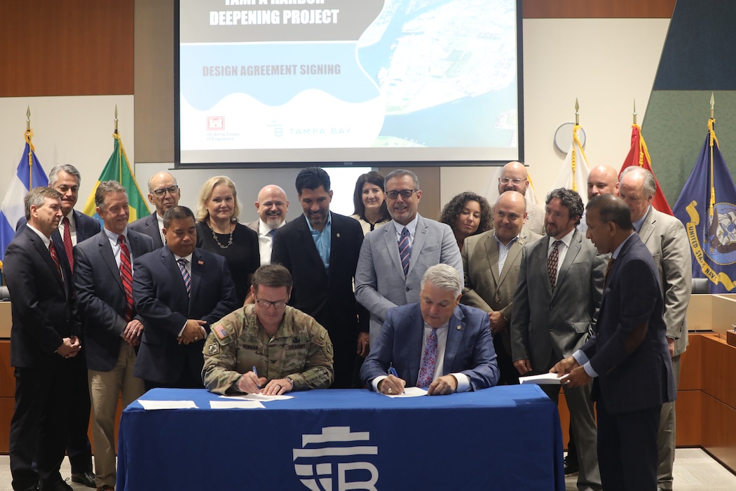 Col. Brandon Bowman, Commander, Jacksonville District, and Mr. Paul Anderson, President and Chief Executive Officer, Port Tampa Bay sign the Preconstruction Engineering and Design Agreement for the Tampa Harbor Federal Deep Draft Navigation Project during a ceremony held at the port today. (Photo courtesy of Port Tampa Bay)