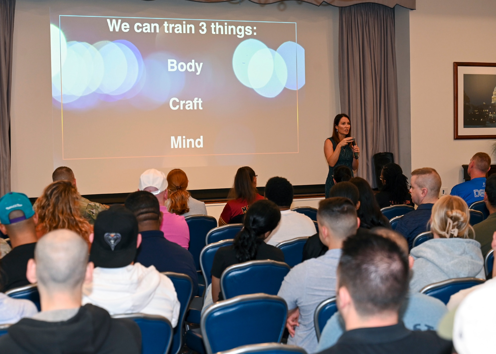Jannell MacAulay, co-founder of Warrior’s Edge mindset training, discusses resiliency during a resilience tactical pause at Joint Base Anacostia-Bolling, Washington, D.C., Sept. 12, 2025. The event was part of an 11th Wing tactical pause focusing on resiliency and connecting members with medical, mental health, fitness and lifestyle resources designed to sustain mission readiness. (U.S. Air Force photo by Tech. Sgt. Sergio Gamboa)