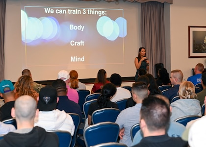 Jannell MacAulay, co-founder of Warrior’s Edge mindset training, discusses resiliency during a resilience tactical pause at Joint Base Anacostia-Bolling, Washington, D.C., Sept. 12, 2025. The event was part of an 11th Wing tactical pause focusing on resiliency and connecting members with medical, mental health, fitness and lifestyle resources designed to sustain mission readiness. (U.S. Air Force photo by Tech. Sgt. Sergio Gamboa)
