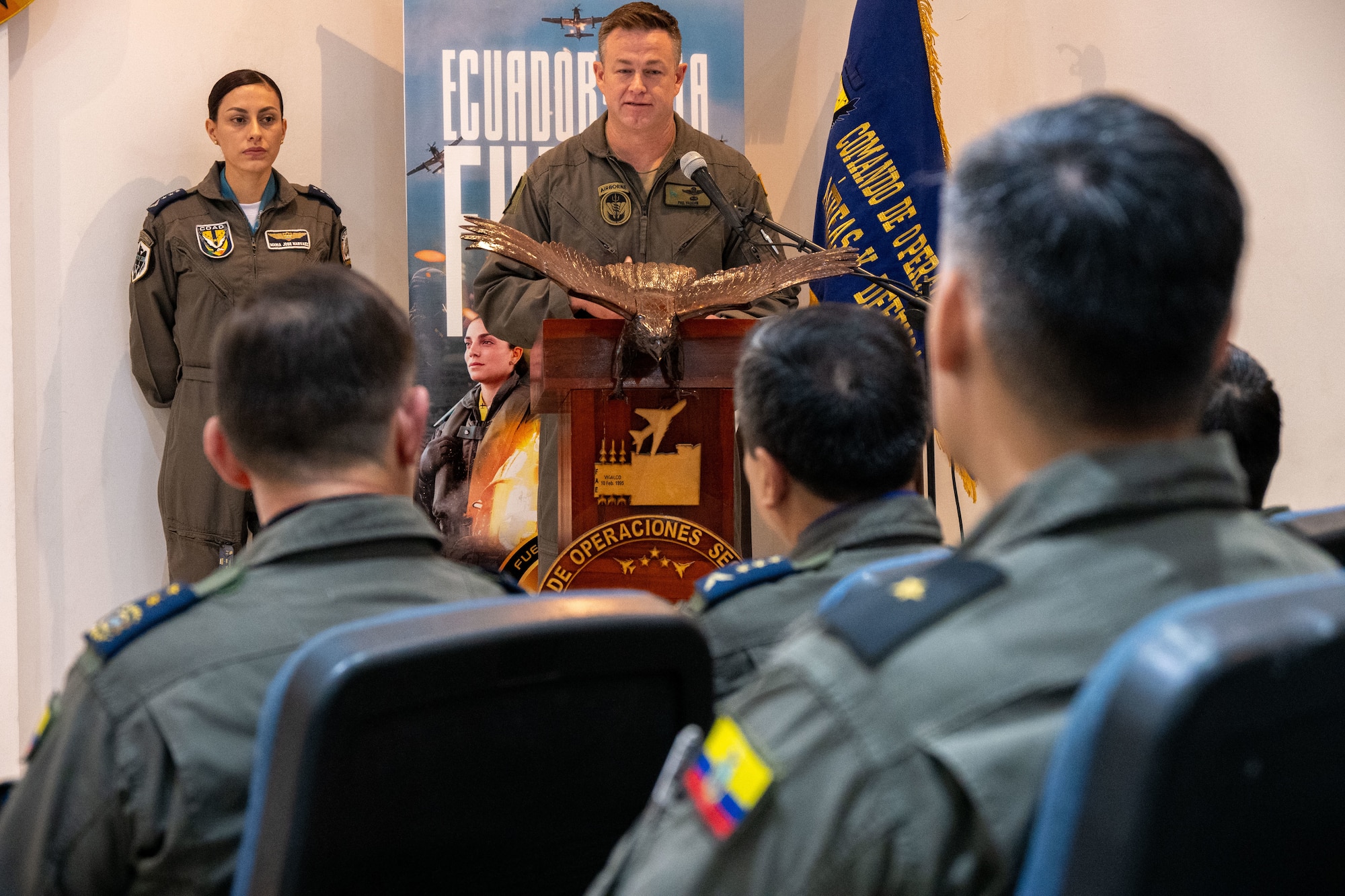U.S. Air Force Lt. Col. Phillip Vaughn, Expeditionary Task Group commander (SOCSOUTH), delivers remarks at the Subject Matter Expert Exchange Opening Ceremony in Guayaquil, Ecuador on August 25, 2025. The exchange enhanced interoperability and strengthened joint efforts to counter illicit actors along Ecuador’s northern border and maritime domains. (U.S. Air Force Master Sgt. Erica Campbell)
