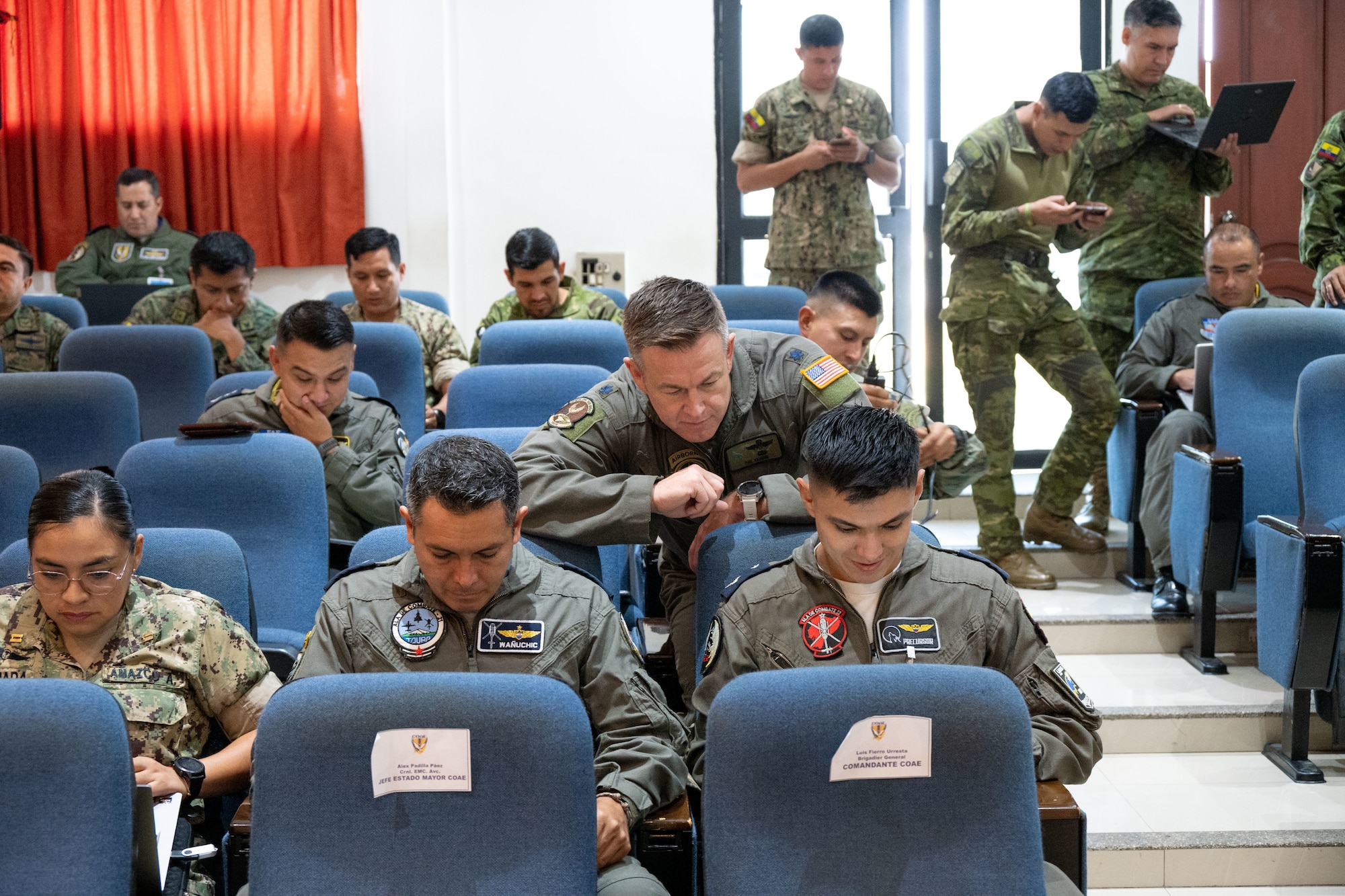 U.S. Air Force Lt. Col. Phillip Vaughn, Expeditionary Task Group commander (SOCSOUTH), supports Ecuadorian military partners during a tabletop exercise, enhancing interoperability and crisis response planning, August 25, 2025. The engagement was intended to strengthen regional security cooperation.