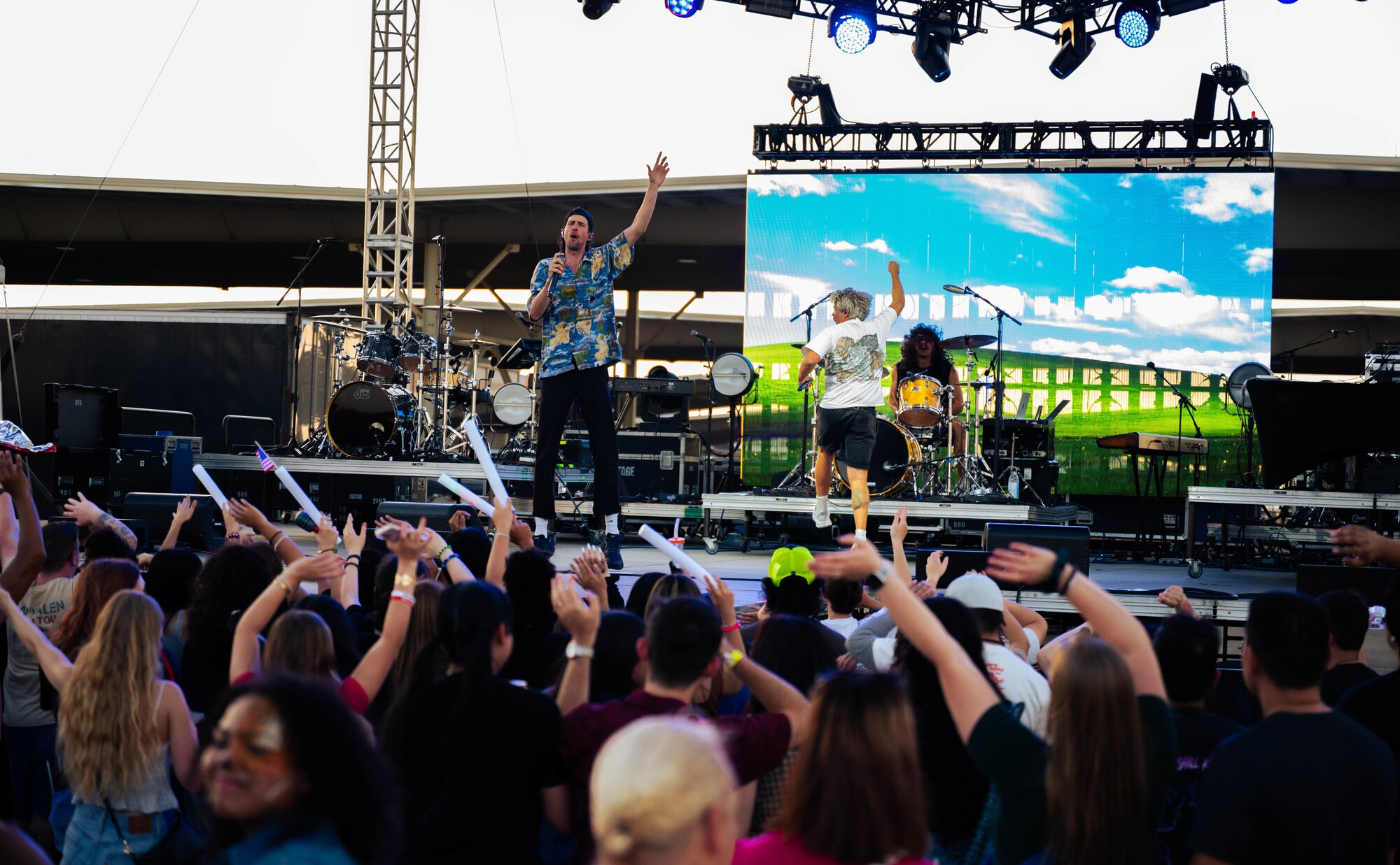 3OH!3, a headlining music duo with Armed Forces Entertainment, performs during Summer Bash at Laughlin Air Force Base, Texas, Sept. 12, 2025. Laughlin opened its gates to the local community to celebrate the end of summer and the Air Force’s 78th birthday. (U.S. Air Force photo by Airman 1st Class Darryl Keith)