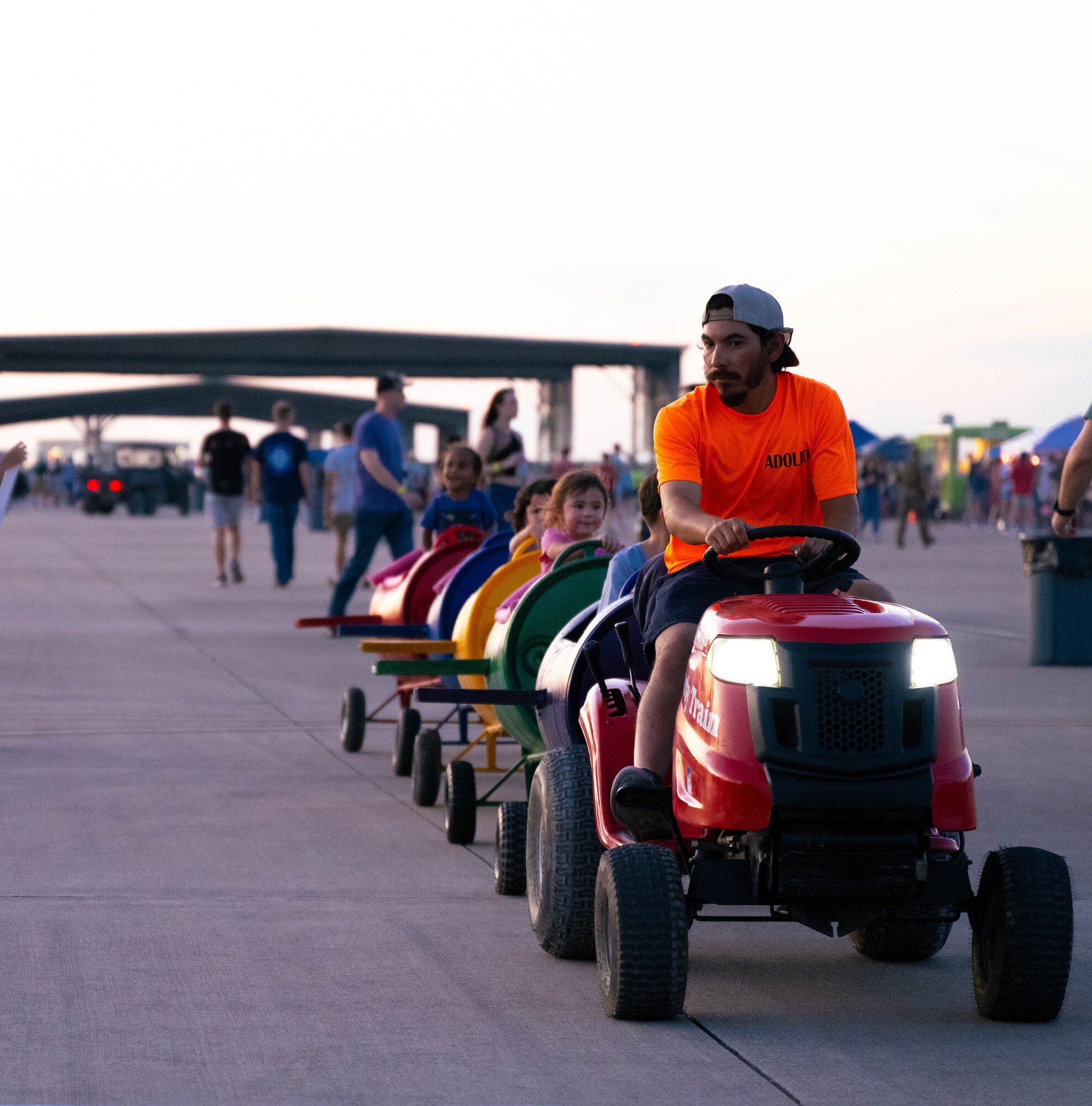 Children ride a train in the Kid’s Zone during Summer Bash at Laughlin Air Force Base, Texas, Sept. 12, 2025. Laughlin opened its gates to the local community to celebrate the end of summer and the Air Force’s 78th birthday. (U.S. Air Force photo by Airman 1st Class Darryl Keith)