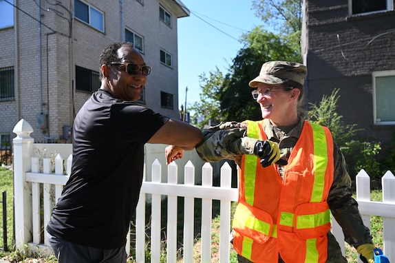 Brig. Gen. Leland D. Blanchard II, Commanding General (Interim) of the D.C. National Guard, and members of Task Force Beautification join Ward 8 residents, volunteers, and 8B06 Advisory Neighborhood Commission (ANC) members for a pop-up community clean-up in Washington, D.C., Sept. 13, 2025. The effort, led by ANC Commissioner Marcus “Mick” Hickman, marked the first time D.C. National Guard members worked alongside residents and elected officials in support of the D.C. Safe and Beautiful mission in providing critical support to the D.C. Metropolitan Police Department in ensuring the safety of all who live, work and visit the District. Many of the participating Guard members live and work in the District, strengthening their shared commitment to keeping local neighborhoods safe and clean.