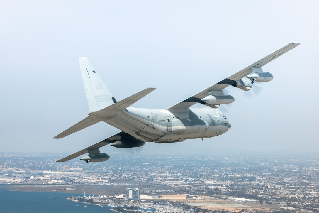 A U.S. Marine Corps KC-130J Super Hercules assigned to Marine Aerial Refueler Transport Squadron (VMGR) 352, Marine Aircraft Group 11, 3rd Marine Aircraft Wing, flies over Petco Park for a San Diego Padres military appreciation pre-game ceremony in San Diego, Sept. 14, 2025.