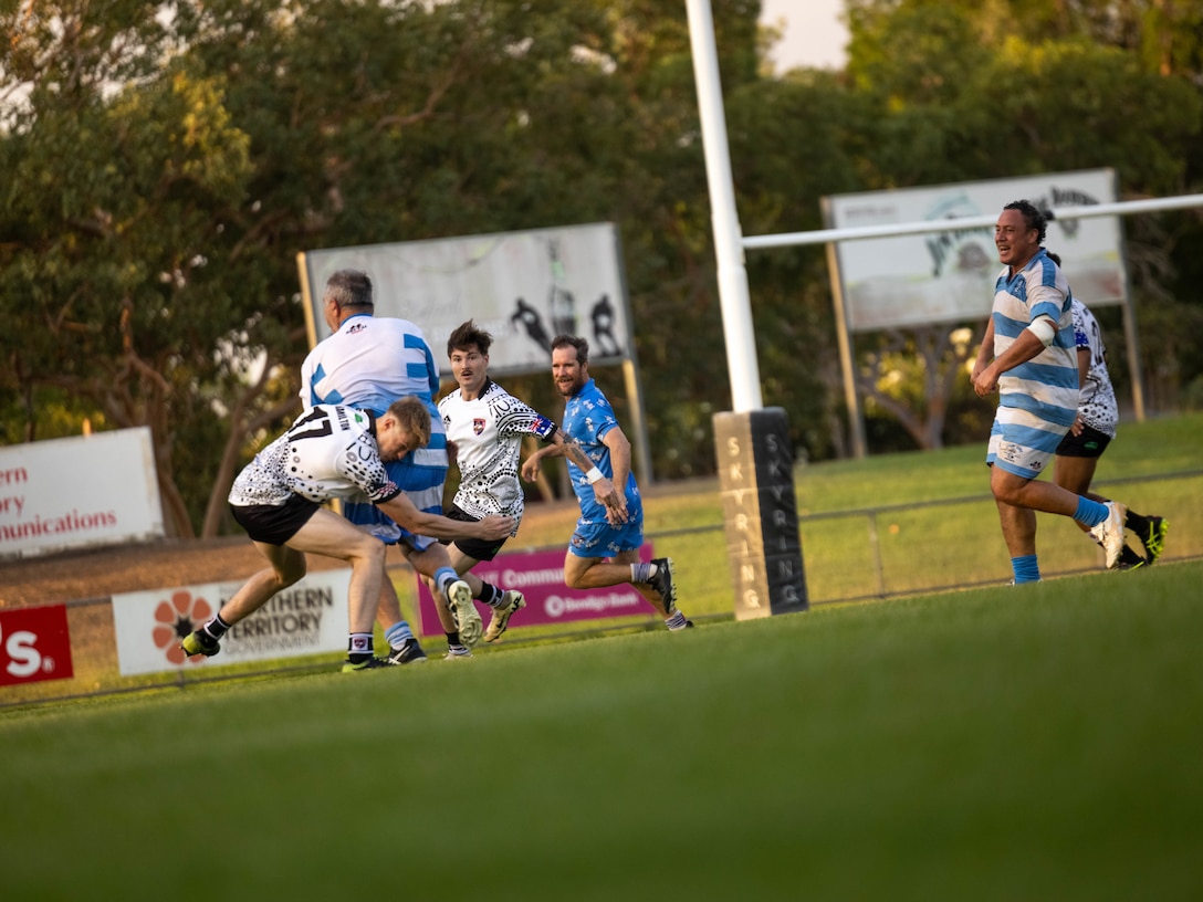 U.S. Marines and sailors with the Marine Rotational Force – Darwin 25.3 rugby team play in a match against the Australian Stray Cats, a local rugby team, at Skyring Rugby Park, Darwin, Australia, Sept. 13, 2025.