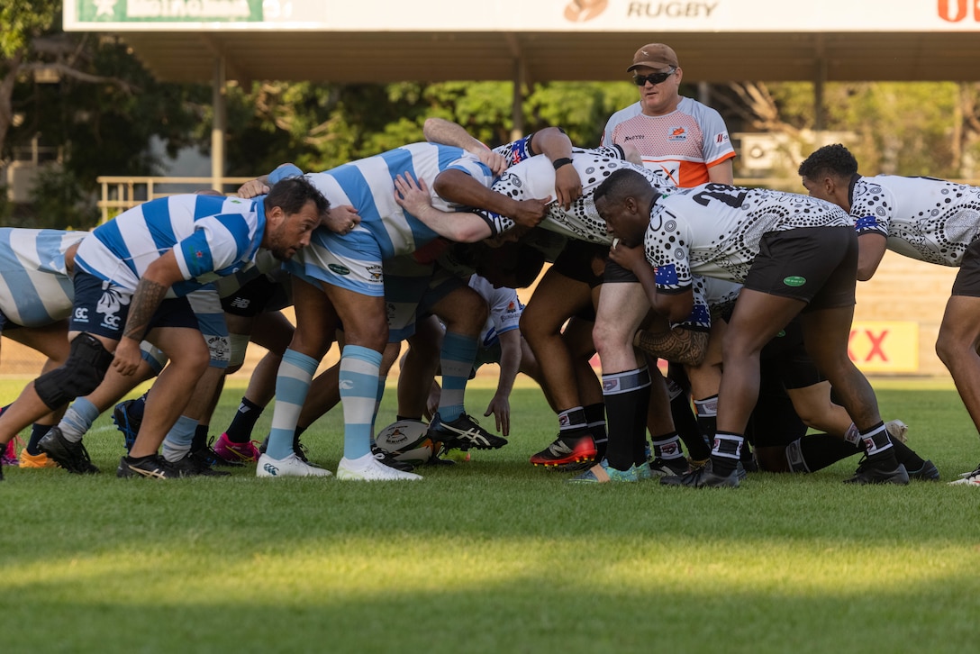U.S. Marines and sailors with the Marine Rotational Force – Darwin 25.3 rugby team play in a match against the Australian Stray Cats, a local rugby team, at Skyring Rugby Park, Darwin, Australia, Sept. 13, 2025.