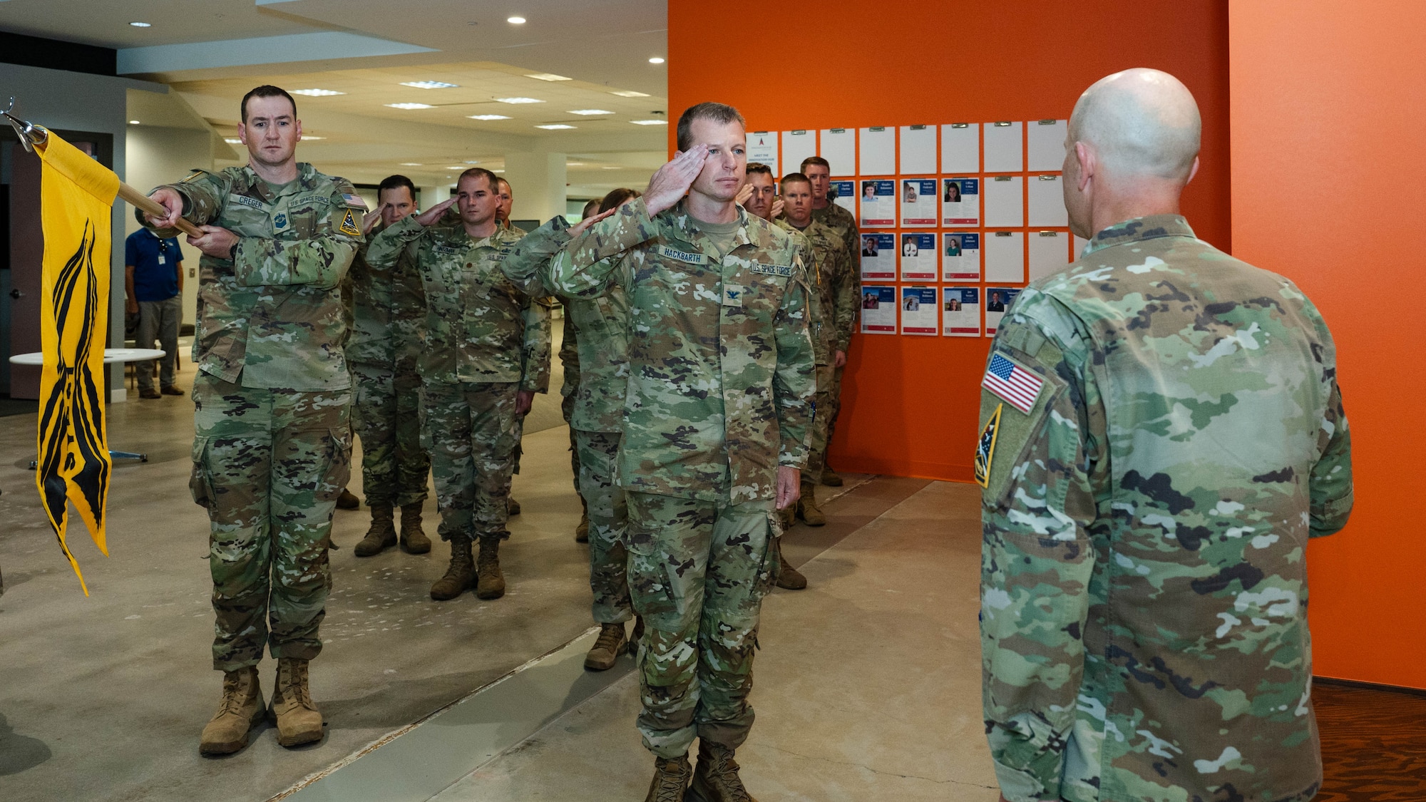 USSF Col. Corey Klopstein, SSC System Delta 81 commander, address members of the SYD 81 System Delta at a stand-up ceremony on Sept. 9, 2025. (USAF Photo by Senior Airman William Pugh)