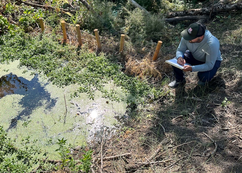 Brendan Jones, environmental resource specialist with the Idaho Falls Regulatory Division Field Office, Walla Walla District, U.S. Army Corps of Engineers, conducts a compliance inspection during a site visit of a completed Beaver Dam Analog (BDA) restoration project at Spring Creek, a direct tributary of the South Fork Snake River, in Bonneville County, Sept. 3. The District’s Regulatory program covers the entire state, operating field offices in Boise, Coeur d’Alene, and Idaho Falls, along with support from headquarters in Walla Walla, Washington. Each year, specialists review about 2,000 permit-related actions, issue or verify more than 600 permits, and complete around 350 jurisdictional determinations. (U.S. Army photo courtesy of Brendan Jones)