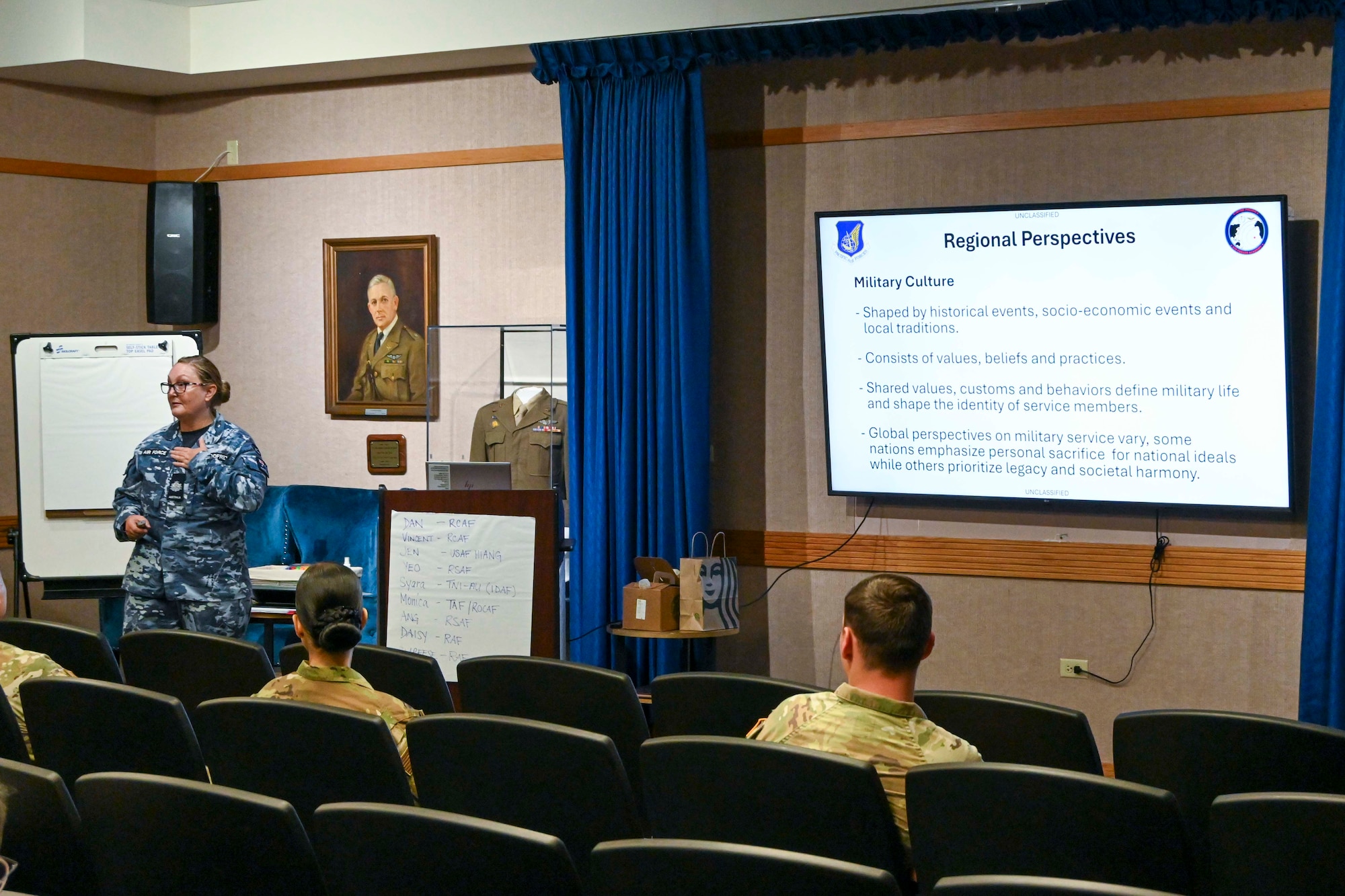 Royal Australian Air Force Warrant Officer Anita Godfrey, Pacific Air Forces Inter-Pacific Air Forces Academy commandant, instructs a lesson during the Inter-Pacific Junior Enlisted Leader Forum at Joint Base Pearl Harbor-Hickam, July 14, 2025. Since the start of IPAFA, participating nations have included Japan, Mongolia, Sri Lanka, Australia, Canada, Indonesia, New Zealand, the Philippines, Singapore, Thailand, and the United States. (Courtesy photo)