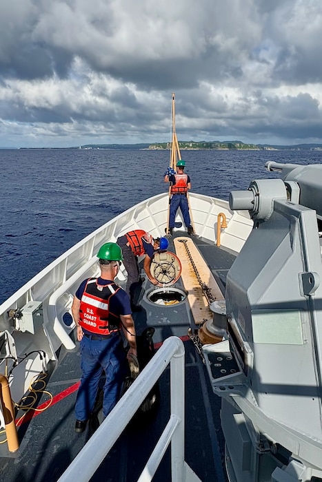 The USCGC Myrtle Hazard (WPC 1139) crew approaches Guam after conducting a transit to Rota and back with senior leaders aboard on Aug. 27, 2025.