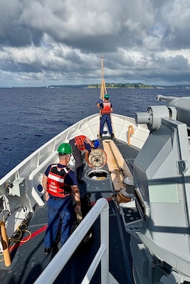 The USCGC Myrtle Hazard (WPC 1139) crew approaches Guam after conducting a transit to Rota and back with senior leaders aboard on Aug. 27, 2025.
