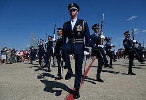 The U.S. Air Force Honor Guard Drill Team performs during the 2025 Joint Base Andrews Air Show at Joint Base Andrews, Maryland, Sept. 13, 2025. The Honor Guard Drill Team performs world-wide, displaying their integrity, discipline, teamwork and professionalism through precise ceremonial drill routines. (U.S. Air National Guard photo by Tech. Sgt. Missy Sterling)