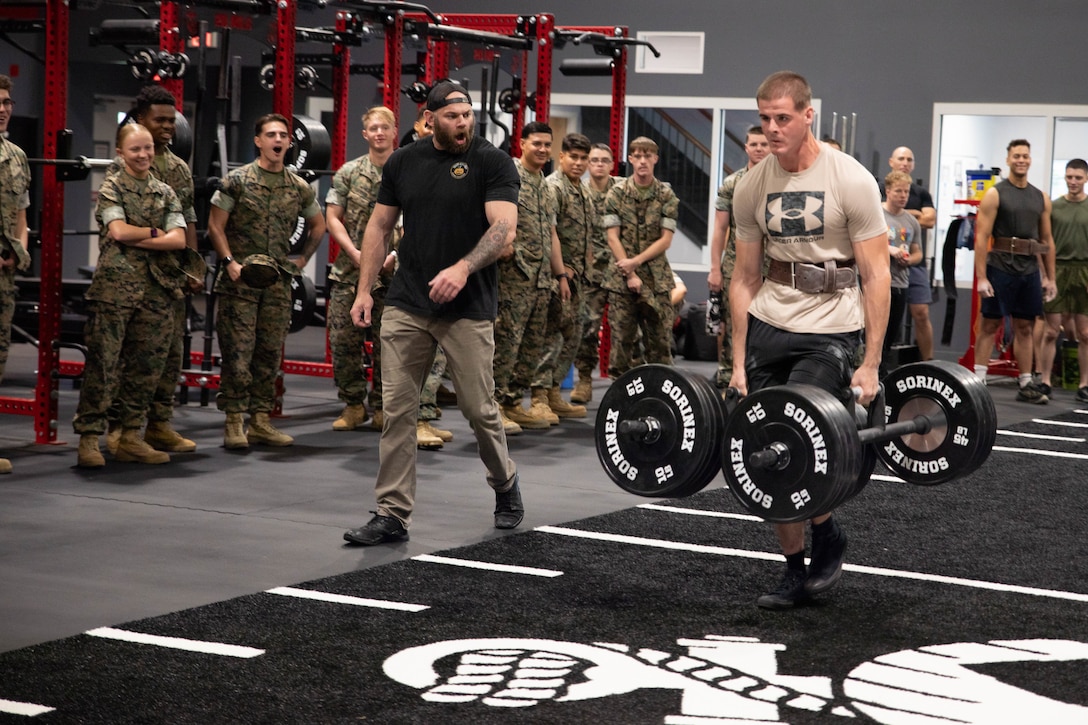U.S. Marine Corps Cpl. Chase Sutherland, a bulk fuel specialist with 8th Engineer Support Battalion, Combat Logistics Regiment 27, carries 600 pounds to win a portion of the Fittest of the 2nd Marine Logistics Group competition at the Human Performance Center at Marine Corps Base Camp Lejeune, North Carolina, Sept. 12, 2025. Twice a year teams from across 2nd MLG battalions compete for the title of “Fittest of 2nd MLG” to promote physical fitness, camaraderie, and friendly competition. Sutherland is a native of Indiana. (U.S. Marine Corps photo by Gunnery Sgt. Caitlin Brink)