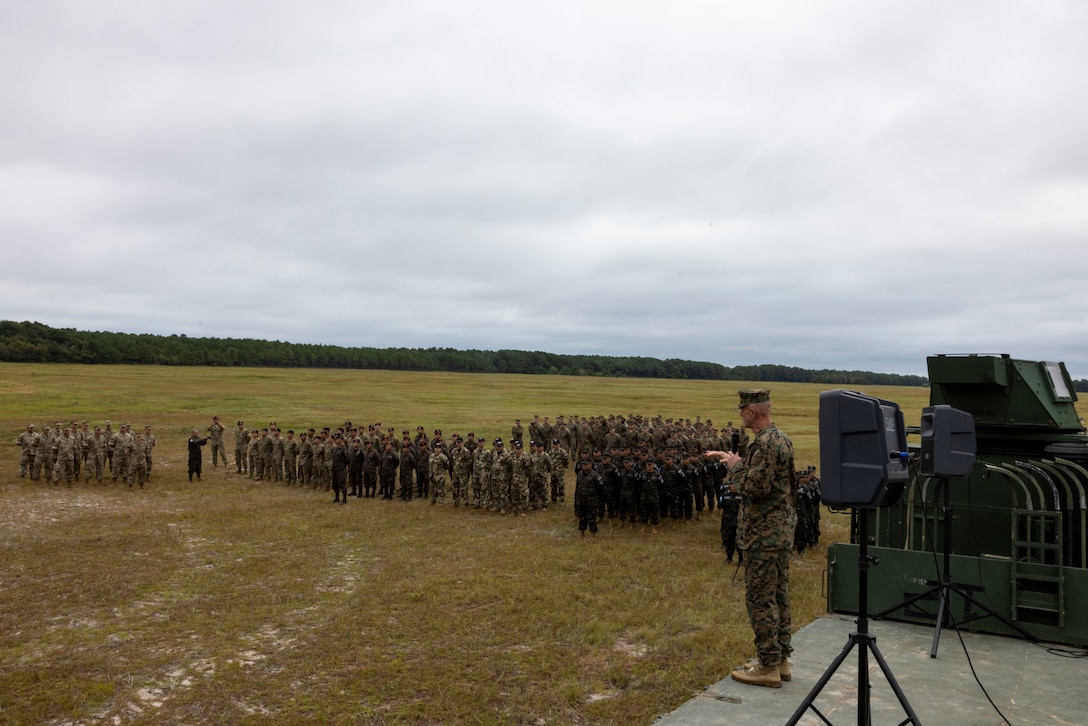 U.S. Marine Corps Brig. Gen. Kevin Jarrard, speaks to the multiple marine corps and naval infantries attending the opening ceremony of exercise UNITAS 2025, Marine Corps Base Camp Lejeune, North Carolina, Sep. 16, 2025. UNITAS, which is Latin for “unity,” was conceived in 1959 and has taken place annually since first conducted in 1960. This year marks the 66th iteration of the world’s longest running annual multinational maritime exercise. (U.S. Marine Corps photo by Lance Cpl. Payton Goodrich)