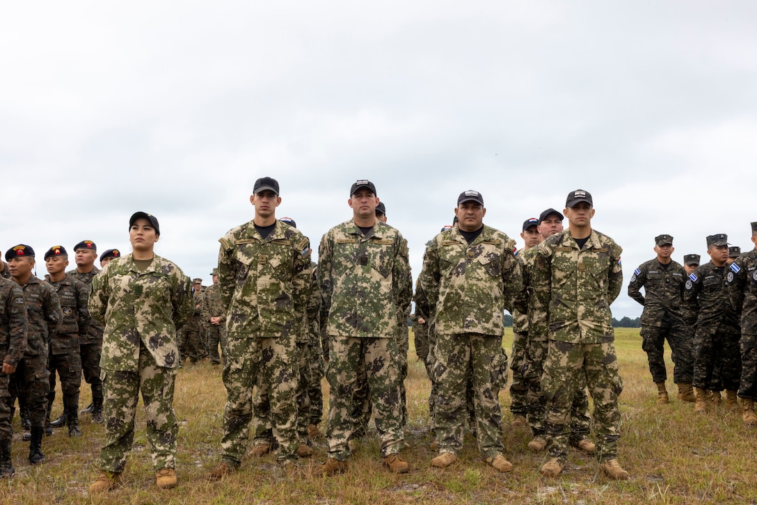Marines with Comando de Infantería de Marina (Paraguayan marine corps) stand in formation at the opening ceremony of exercise UNITAS 2025, Marine Corps Base Camp Lejeune, North Carolina, Sep. 16, 2025. UNITAS, which is Latin for “unity,” was conceived in 1959 and has taken place annually since first conducted in 1960. This year marks the 66th iteration of the world’s longest running annual multinational maritime exercise. (U.S. Marine Corps photo by Lance Cpl. Payton Goodrich)