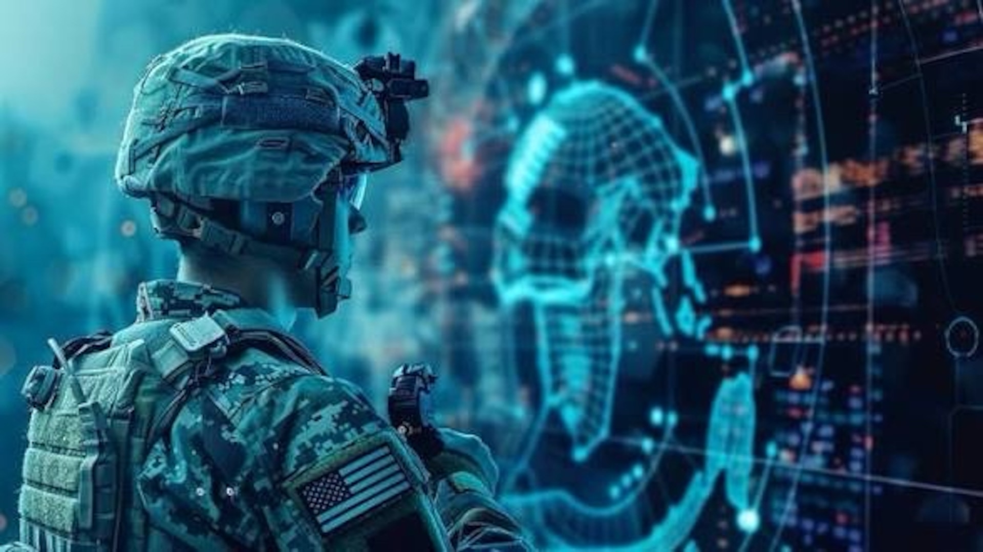 A U.S. Soldier in camouflage uniform and tactical gear looks at a large digital display showing a glowing map of the world with blue cyber-like graphics and data overlays, symbolizing cyber warfare or digital defense operations.