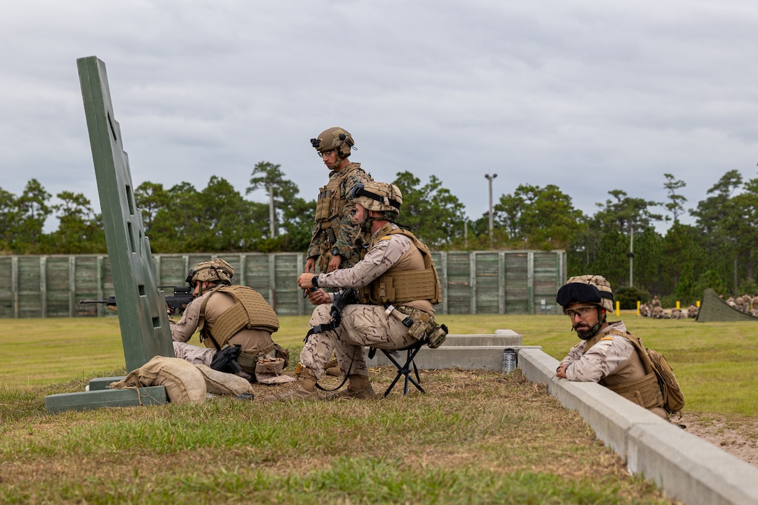 U.S. Marines and Infanteria de Marina (Spanish marines) participate in a course of fire during Exercise UNITAS 25 at Camp Lejeune, North Carolina, Sept. 15, 2025. UNITAS, which is Latin for “unity,” was conceived in 1959 and has taken place annually since first conducted in 1960. This year marks the 66th iteration of the world’s longest running annual multinational maritime exercise. The exercise trains forces in joint maritime operations that enhance tactical proficiency and increase interoperability with the presence of unmanned air, surface and submarine systems. (U.S. Marine Corps photo by Sgt. Eduardo Delatorre)