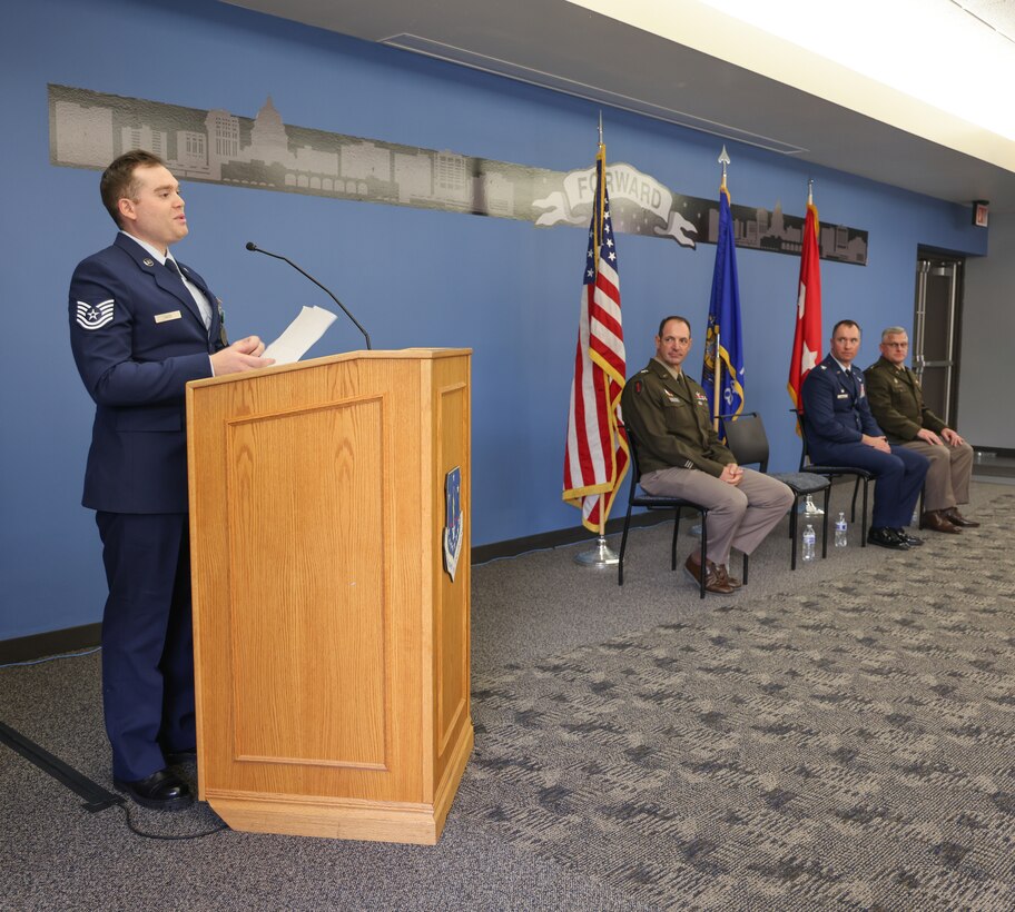 U.S. Air Force Tech. Sgt. Edward Wick, a munitions controller with the 115th Fighter Wing, Wisconsin Air National Guard, gives a speech at his ceremony to accept the 2024 1st. Lt. Thomas E. Wortham IV Achievement Award at Truax Field in Madison, Wisconsin, Sept. 11, 2025. Wick received the award for excellence in his community and his military service through mentorship and commitment to others. (U.S. Air National Guard photo by Staff Sgt. Olivia Sherman)