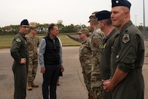 Rep. Ed Case is welcomed by 5th Bomb Wing leadership outside of the Weapons Storage Area at Minot Air Force Base, North Dakota, Sept. 13, 2025. The visit provided an opportunity for Minot AFB to showcase the strategic mission to the congressman.