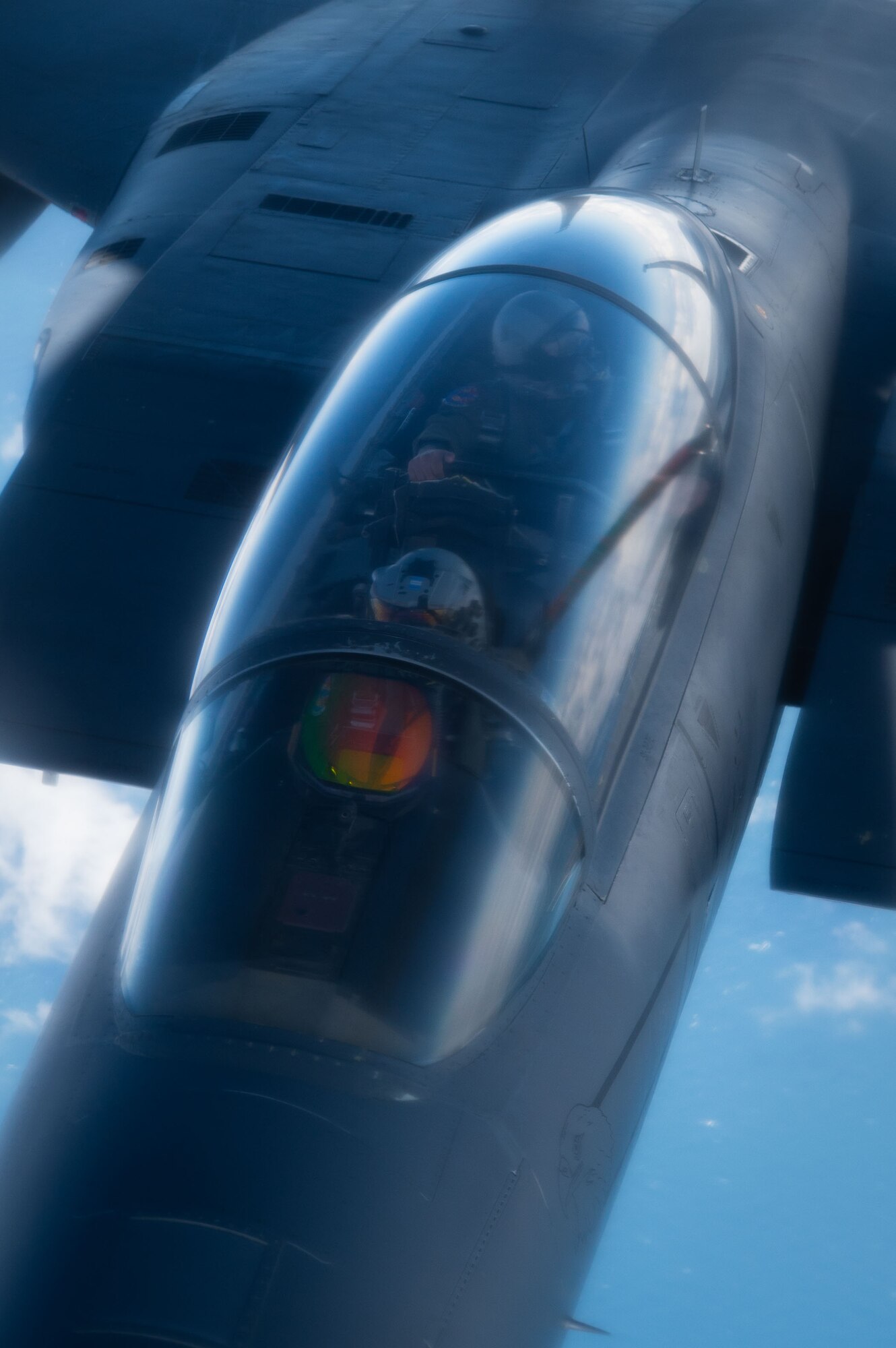 U.S. Air Force F-15E Strike Eagle pilots from the 48th Fighter Wing, RAF Lakenheath, approach a KC-135 Stratotanker from the 100th Air Refueling Wing at RAF Mildenhall, England, over the North Sea, Sept. 16, 2025.