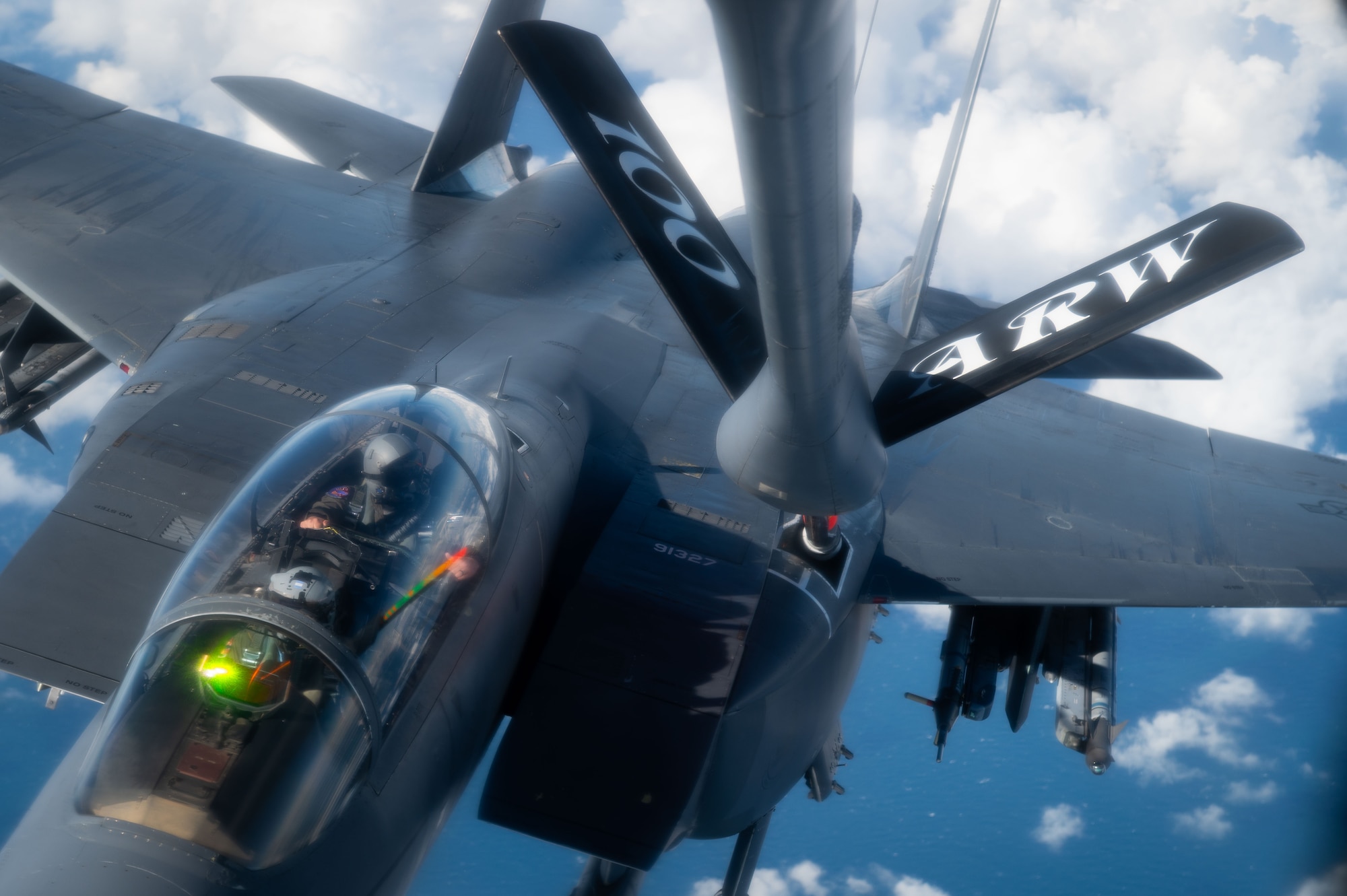 A U.S. Air Force F-15 Eagle from the 48th Fighter Wing receives fuel from a KC-135 Stratotanker from the 100th Air Refueling Wing during a mission as part of exercise Cobra Warrior, over the North Sea, Sept. 16, 2025.