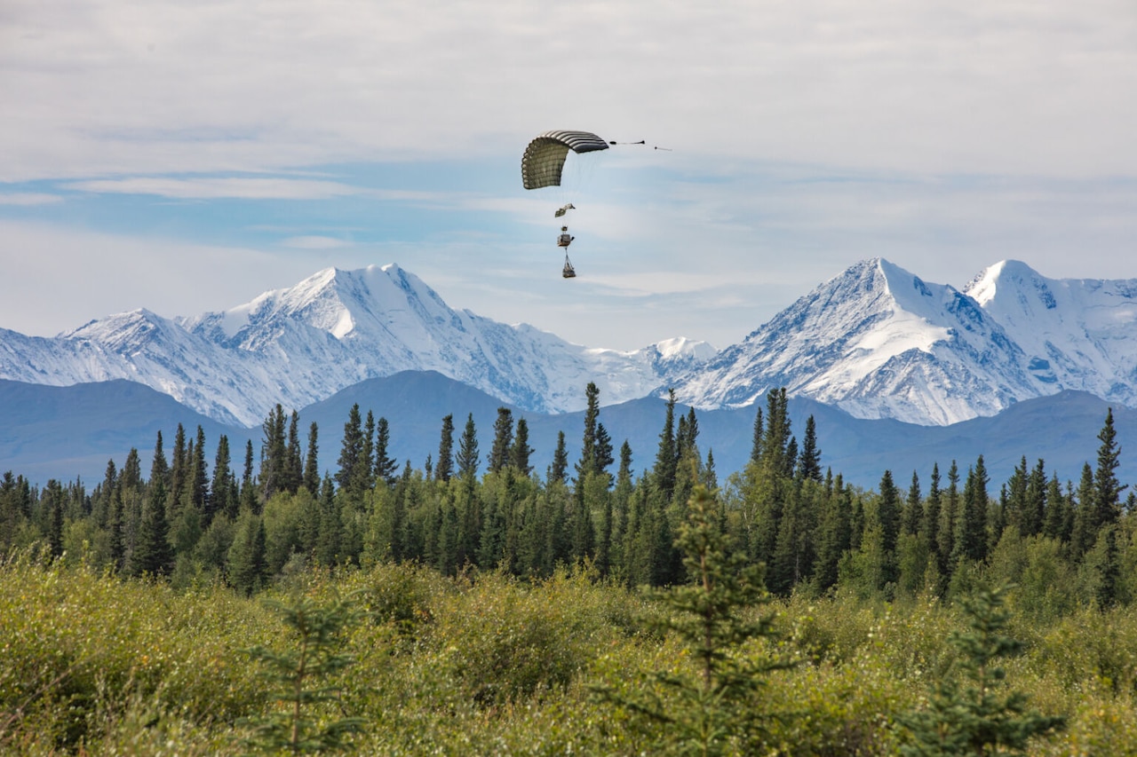 An air dropped box of supplies makes its way down into a wooded area.
