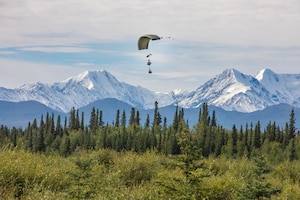 An air dropped box of supplies makes its way down into a wooded area.
