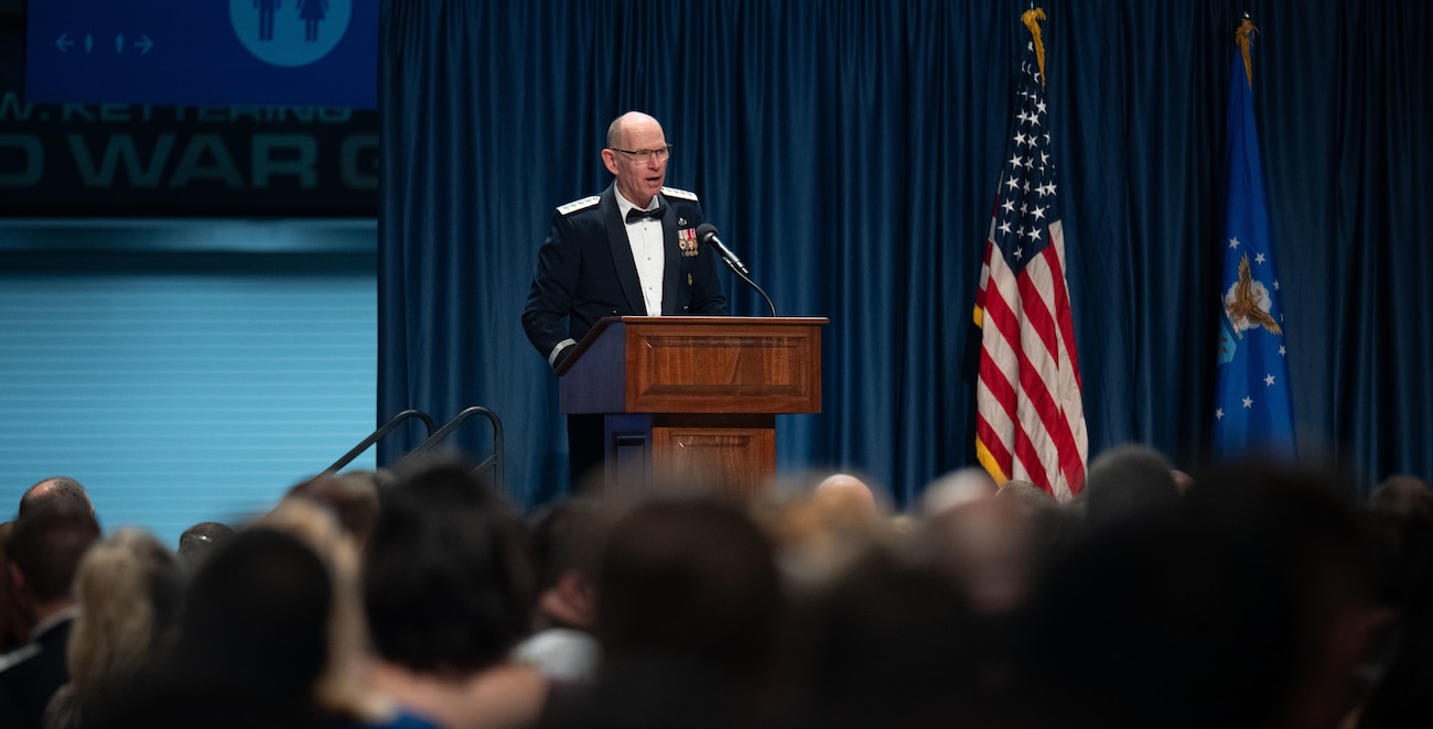 Gen. Duke Z. Richardson (ret.) delivers remarks during the 2025 Air Force Ball at the National Museum of the United States Air Force, Sept. 13, 2025. Richardson reflected on the past year and highlighted the successes at Wright-Patterson Air Force Base. (U.S. Air Force photo by Jack Gardner)