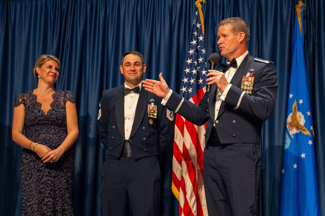 Col. Dustin Richards, 88th Air Base Wing and Installation Commander, delivers a speech during Wright-Patterson's annual Air Force Ball at the National Museum of the United States Air Force, Sept. 13, 2025. Richards reflected on the past year and highlighted the successes at Wright-Patt. (U.S. Air Force photo by Jack Gardner)