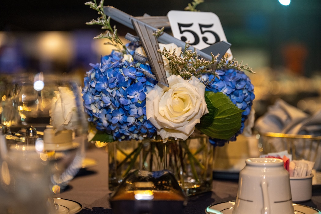 A centerpiece at the annual Wright-Patterson Air Force Ball showcases the B-52 Stratofortress at the National Museum of the United States Air Force, Sept. 13, 2025. The aircraft, which first took flight in 1952, has a wingspan of 185 feet and can fly over 7,000 miles without aerial refueling. (U.S. Air Force photo by Jack Gardner)