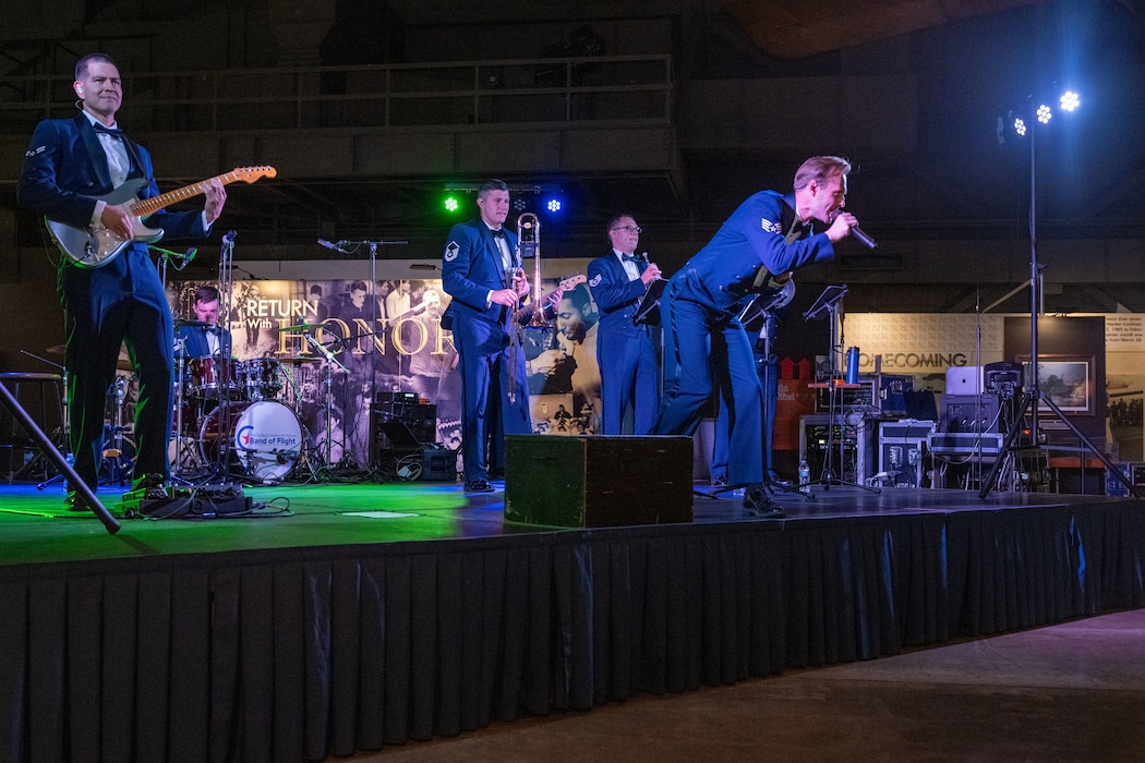 The Air Force Band of Flight performs during the annual Air Force Ball at the National Museum of the United States Air Force, Sept. 13, 2025. The event included dinner, remarks from senior leaders, and an awards ceremony. (U.S. Air Force photo by Jack Gardner)