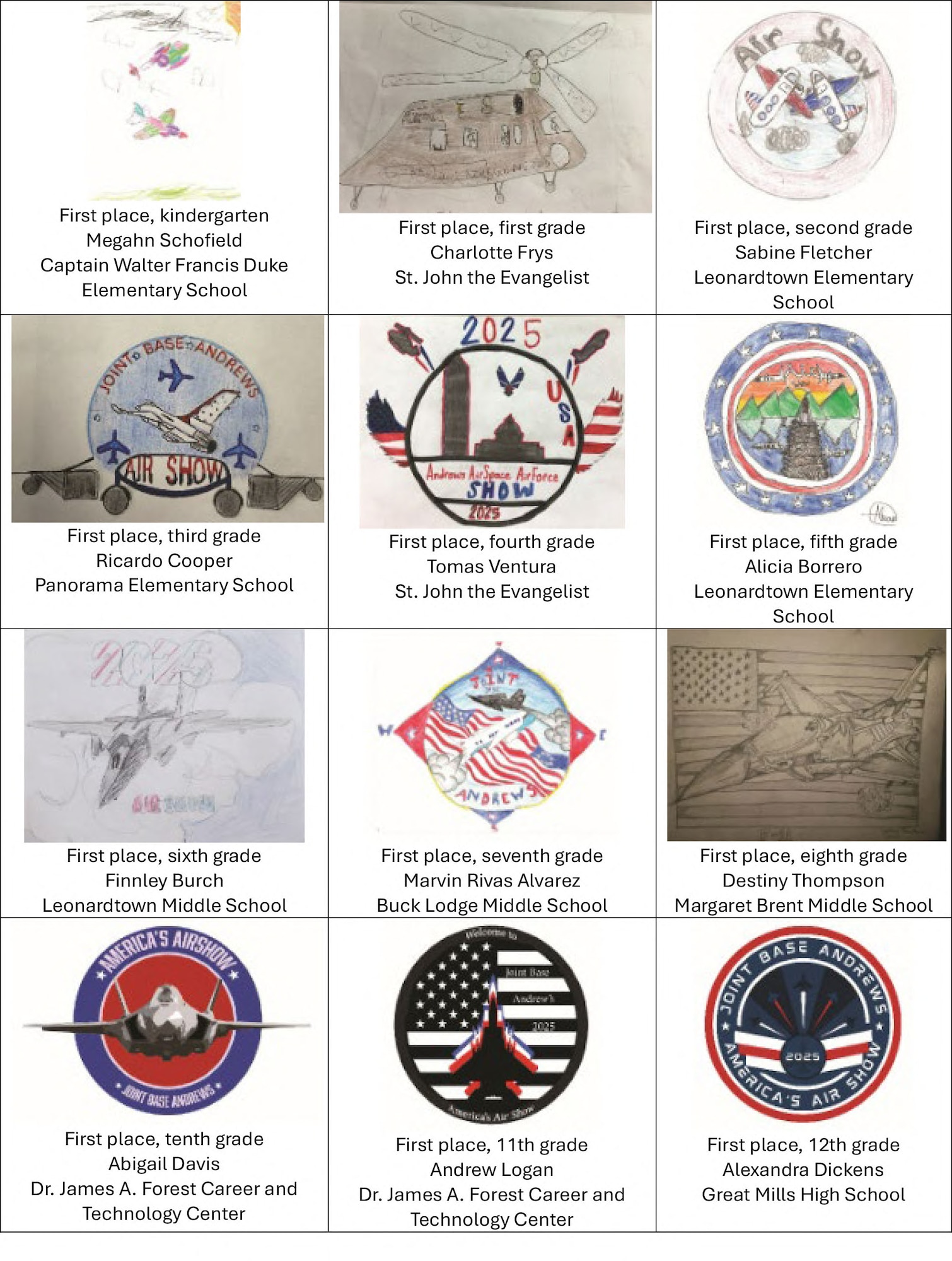 Children from schools near Joint Base Andrews, Maryland, participated in an art contest celebrating the 2025 air show. This graphic features the winning entries from each grade level; there were no submissions from ninth-grade students.