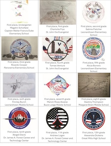 Children from schools near Joint Base Andrews, Maryland, participated in an art contest celebrating the 2025 air show. This graphic features the winning entries from each grade level; there were no submissions from ninth-grade students.