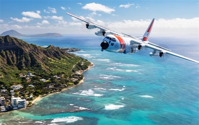Coast Guard Air Station Barbers Point aircrews conduct flight formations in the soon to be retired HC-130H Hercules airplane. The HC-130H model has been assigned to the unit since 1959 and is being replaced by the HC-130J model. (U.S. Coast Guard photo by Lt. Cmdr. Scott Handlin)