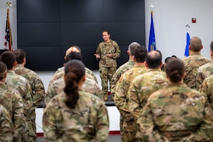 Lt. Col. Venus Victorino addresses the 943d Aerospace Medicine Squadron