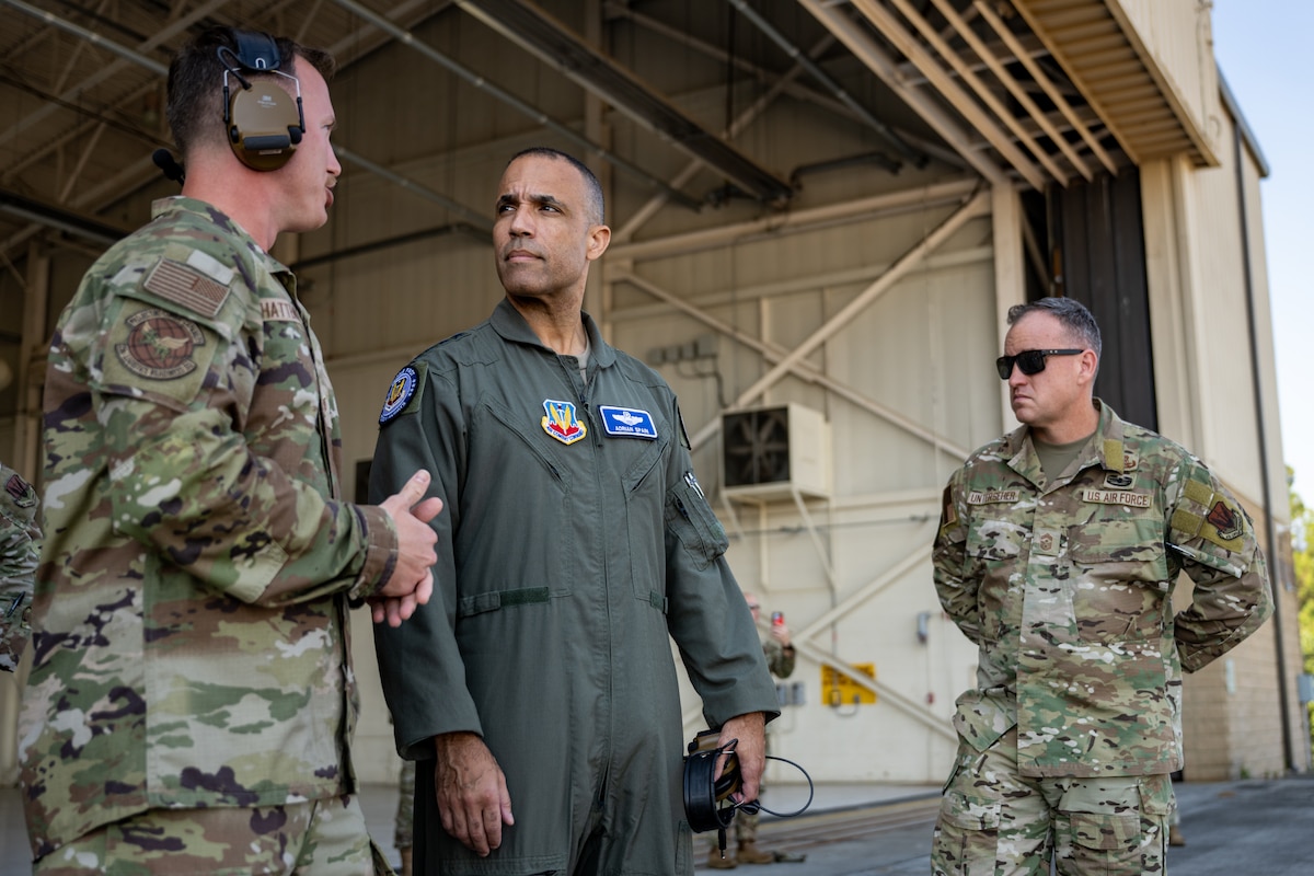 U.S. Air Force Gen. Adrian Spain, commander of Air Combat Command, and Chief Master Sgt. Jeremy Unterseher, ACC command chief, receives a briefing during a Mission Excellence Demonstration at Moody Air Force Base, Georgia, Sept. 16, 2025. The demonstration showcased Airmen’s ability to rapidly generate combat capability. (U.S. Air Force photo by Airman 1st Class Savannah Carpenter)
