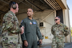 U.S. Air Force Gen. Adrian Spain, commander of Air Combat Command, and Chief Master Sgt. Jeremy Unterseher, ACC command chief, receives a briefing during a Mission Excellence Demonstration at Moody Air Force Base, Georgia, Sept. 16, 2025. The demonstration showcased Airmen’s ability to rapidly generate combat capability. (U.S. Air Force photo by Airman 1st Class Savannah Carpenter)