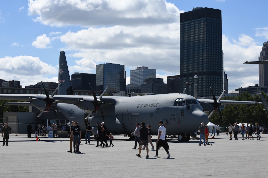 The 910th Airlift Wing’s first C-130J-30 Super Hercules aircraft, based at nearby Youngstown Air Reserve Station, Ohio, is featured as a static display during the 2025 Cleveland National Air Show, held at Burke Lakefront Airport, Aug. 30, 2025.