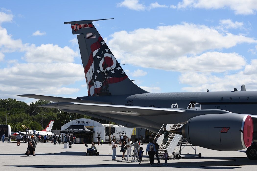 An Ohio Air National Guard KC-135 Stratotanker with a tail flash design highlighting the state of Ohio is featured as a static display during the 2025 Cleveland National Air Show, held at Burke Lakefront Airport, Aug. 30, 2025.