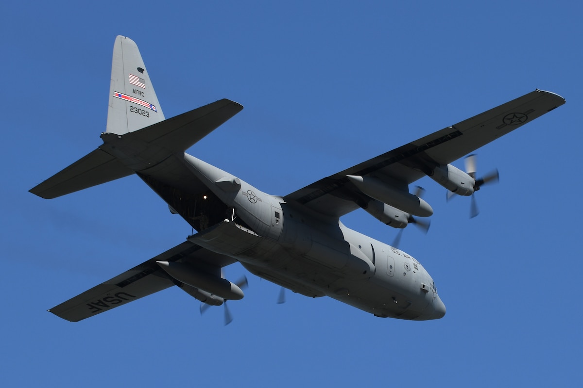 A C-130H Hercules aircraft assigned to the 910th Airlift Wing, based at nearby Youngstown Air Reserve Station, Ohio, performs a demonstration flight during the 2025 Cleveland National Air Show, held at Burke Lakefront Airport, Aug. 30, 2025.