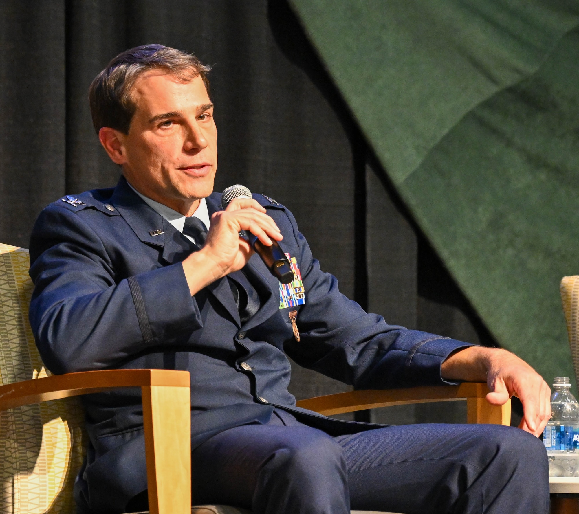 Col. Chris Sedlacek, 910th Airlift Wing commander, answers a question at the Ohio Aerospace and Defense Forum "Installations Panel: Non-traditional threats – The role in modern society in war and peace" at Wright State University, Dayton, Ohio, Sept. 15, 2025.