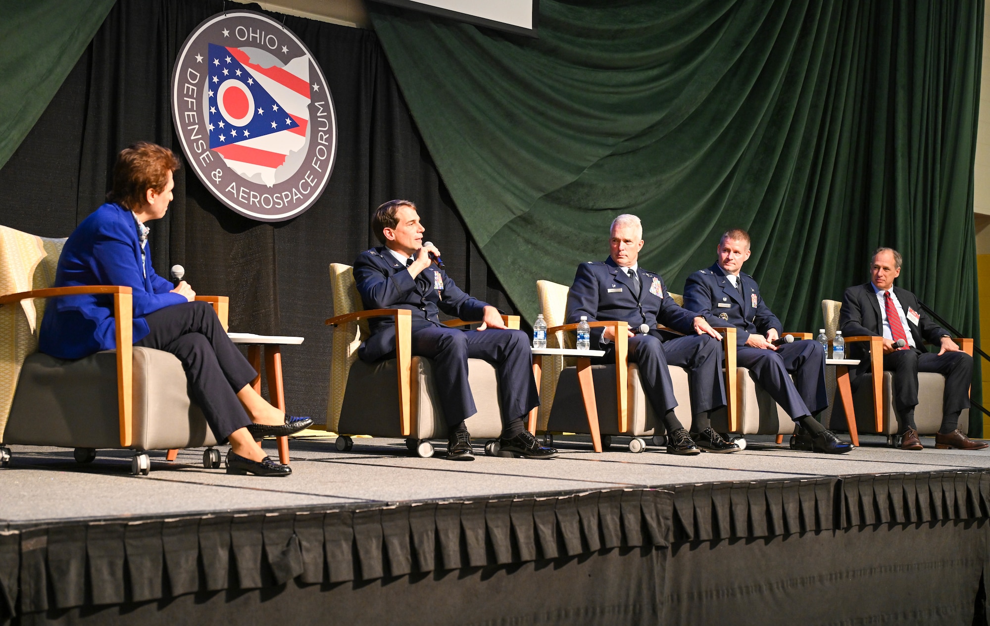 Participants listen in as Col. Chris Sedlacek, 910th Airlift Wing commander, responds to a question at the Ohio Aerospace and Defense Forum "Installations Panel: Non-traditional threats – The role in modern society in war and peace" at Wright State University, Dayton, Ohio, Sept. 15, 2025.